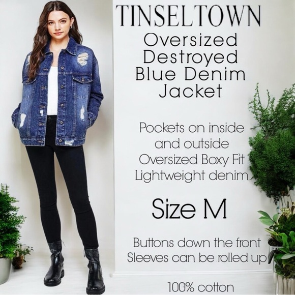 TinselTown Oversized Destroyed Blue Denim Jacket - Picture 16 of 16